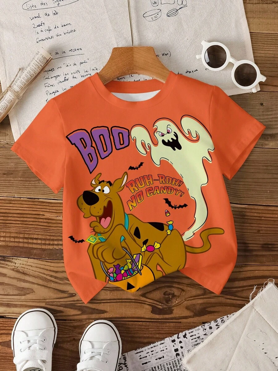 SCOOBY-DOO X SHEIN 男童休闲万圣节趣味卡通字母图案短袖T恤 - 白色 - 查看 1