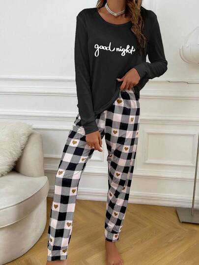 Slogan Heart Print PJ Set Pajama Set, Fall Clothes view 5