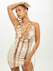 SUMWON WOMEN Distressed Print Mini Dress Satin Finish Cowl Neck Tie Side Adjustable Clubwear Party Evening Fashion Forward Bodycon Design Trending Now Fall Winter Collection - Brown - View 1