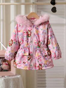 SHEIN Winter New Cute Cartoon Pattern Young Girl Thermal Lined Thick Hooded Jacket With Waist Cinch Fall Kids Coats Girls Girl Kids Winter Jacket - Pink - View 4