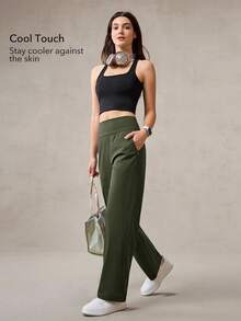 OutZeal 女士凉爽触感针织高腰侧袋直筒运动裤日常休闲秋季 - 軍綠色 - 查看 2