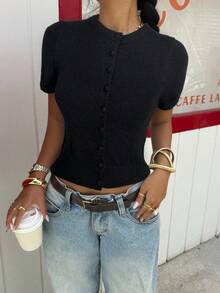 SHEIN EZwear Áo khoác cardigan cài nút cổ tròn màu đen thường ngày cho nữ, mùa thu - màu đen - Xem 4