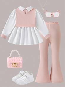 SHEIN 年轻女孩两件套：珍珠装饰修身长袖衬衫 + 修身喇叭裤，春秋季休闲装 - 粉色 - 查看 2