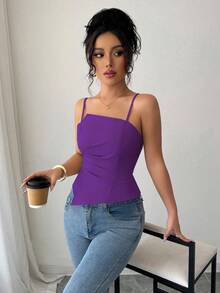 Elenzga Elegant & Cute Pleated Design Women Tank Top - Purple - View 5