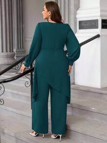 SHEIN Ellevyn Plus Size Chiffon Long Sleeve 2 Pieces Set, Autumn/Winter - Teal Blue - View 2