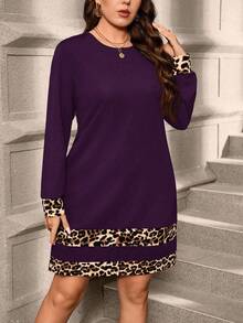 SHEIN Clasi Gaun Kasual Pendek Lengan Panjang Motif Leopard Ukuran Besar untuk Musim Gugur - Purple - View 6