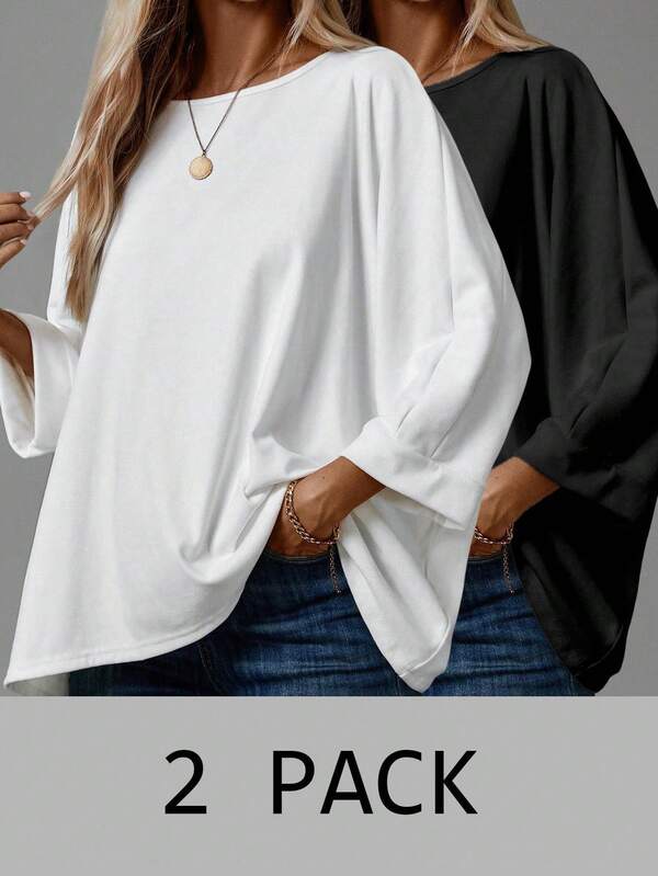 EMERY ROSE 2 Stücke/Set Damen Lässig Minimalist Basic T-Shirt, geeignet für Herbst/Winter Oversized T-Shirts Damen Shirt Pack Damen 2 Packungen Tops, Herbst