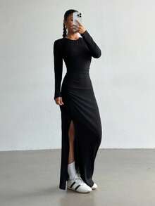 SHEIN 少女黑色针织开衩连衣裙，时尚百搭，适合日常穿着 - 黑色 - 查看 3