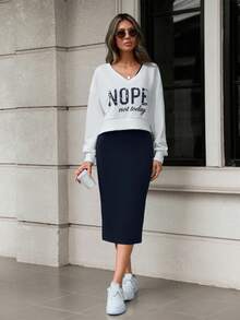 SHEIN LUNE 女士两件套V领字母印花长袖上衣和纯色无袖连衣裙套装，休闲百搭 - 藏蓝色 - 查看 4