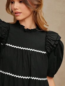 WESTFADE Contrast Trim Mock Neck Ruffle Short Sleeve Tiered 100% Textured Cotton Mini Dress Cute Fall Clothes, Casual Cowgirl, Fall, Autumn, Boho, Winter, Country Concert Outfit, Western Wear For Women - Black - View 2