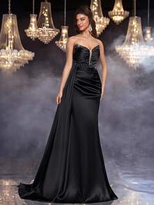 Glamrae 优雅、浪漫、性感、简约的黑色缎面亮片拼布亮片装饰露肩深 V 领褶饰紧身鱼尾礼服，侧开衩拖尾，时尚、网红、节日、生日派对、婚礼、正式晚会 - 黑色 - 查看 2