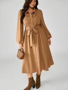 EMERY ROSE Plus Size Women Elegant Midi Dress With Cinched Waist, Bowknot, Bubble Sleeve, A-Line Skirt, Suitable For Date And Daily Wear Fall Cloth For Women, Country - Khaki - View 7