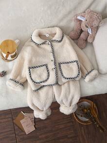 Genkimix Kids Back To School Fashion  Young Girl' Light Apricot Plush Checkered Trim Pocket Long Sleeve Cardigan And Matching Pants Set, Loungewear Girls Winter Set Fall