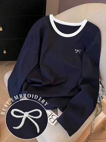 Resyla 蝴蝶结刺绣圆领落肩长袖宽松女士T恤