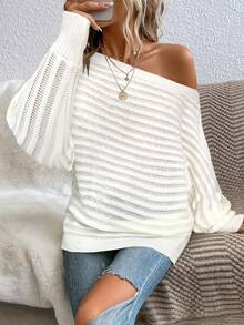 SHEIN LUNE Áo len dài tay lệch vai tối giản thường ngày cỡ lớn dành cho nữ, mùa thu/đông - trắng - Xem 4