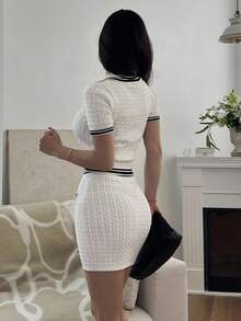 DAZY 秋季两件套麻花针织毛衣和迷你裙套装 - 米色 - 查看 6