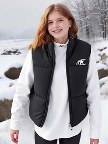 Girls' Black Vest Jacket, Star Logo Embroidery, Casual All-Match Sports, Versatile Black Vest Jacket Fall Winter - Black - View 1