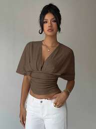 Aloruh Apricot Deep V Ruched Short Sleeve Tight Hem Women T-Shirt,Brown Top