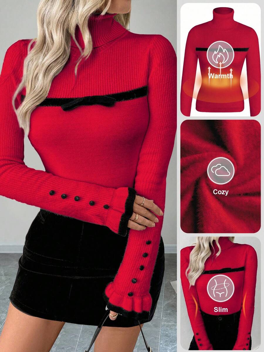 RosyDaze Sweater Rajut Lengan Panjang Wanita Model Turtleneck dengan Kancing dan Rumbai, Dilengkapi Pita dan Lapisan Termal yang Pas di Badan - Merah - View 1