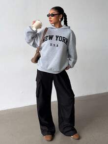 SHEIN Glowzi Tween 女孩连帽衫和运动衫套装，纯色字母印花图案连帽运动衫和工装口袋裤套装，适合运动、返校、度假、学院风、复活节、音乐节、毕业典礼、家庭聚会 - 灰色 - 查看 4