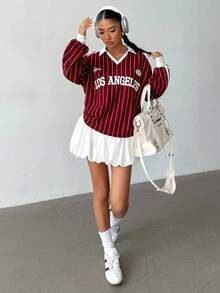 SHEIN 少女休闲日常街头时尚酒红色运动衫长袖上衣和碎花荷叶边半身裙套装 - 酒紅色 - 查看 4