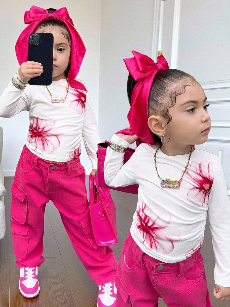 SHEIN Young Girl Elegant Floral Print Crew Neck Long Sleeve Versatile Fall/Winter Undershirt,Mom And Daughter & Sisters  Matching - White - View 1