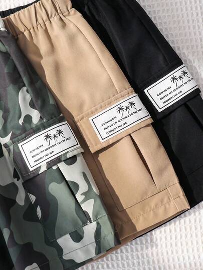 SHEIN 3 件装年轻男童休闲宽松口袋松紧腰短裤，适合日常穿着