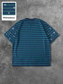 ROMWE MEN Street Life Men's Striped Rhinestone Embellished Short Sleeve T-Shirt - Multicolor - View 5