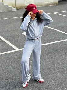 SHEIN Explorewe 2pcs/Set Pakaian Anak Perempuan Remaja Modis: Hoodie Berresleting dan Celana Pinggang Elastis, Musim Gugur - Light Grey - View 4