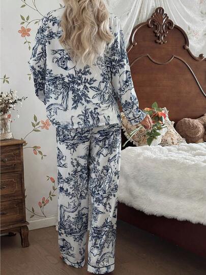 CottageSlumber Chinese Figure scape Print Long Sleeve Pajama Set Collar Matching Lounge Sets, Toile Pyjama Blauw Wit Set, Fall Clothes Cozy Elegante view 2
