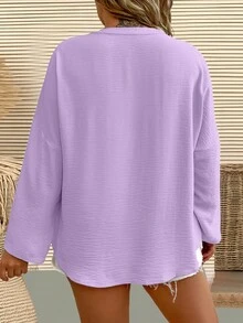 EMERY ROSE Plus Size Women's Casual Everyday Simple Solid Color Notched Neck Loose Blouse, Spring/Autumn - Mauve Purple - View 2
