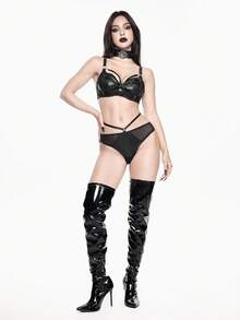 ROMWE Grunge Punk Dark Punk PU Underwire Bra & Thong Lingerie Set - Black - View 6