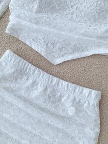 女童白色蕾丝领T恤和褶皱裙套装，下午茶装，白色度假套装，蕾丝套装，秋冬长袖度假套装 - 白色 - 查看 6