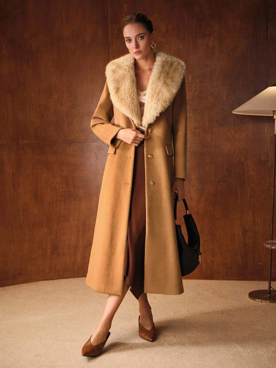 MOTF PREMIUM 对比色人造皮草纽扣大衣