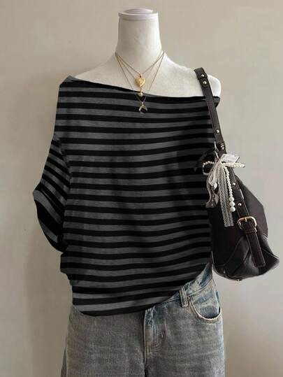 Attitoon Black & Gray Striped Casual Loose Oversized Drop Shoulder Drop Shoulder Short Sleeve T-Shirt For Women, Suitable For Going Out, Style Core Aesthetics, Aesthetic Style, Gothic Cybersigilism, Cybersigilism, Halloween, Y2K, Streetwear, Vintage, Grunge, Punk, Homecoming,Fall Tops Striped Off Shoulder Top Black And Grey Striped Top Off Shoulder Top Women Summer Top Off The Shoulder Tee
