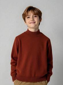 SHEIN Tween Boy Solid Color Turtleneck Pullover Sweater,Back-To-School Casual School Shades Of Brown,Autumn Winter Versatile Outdoor Gathering Knitwear - Brown - View 6