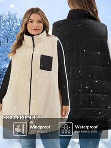 SHEIN CURVE+ Áo khoác cổ cao có túi khóa kéo cỡ lớn dành cho nữ, thích hợp cho mùa đông, mùa thu/mùa thu/mùa đông, áo vest phao - màu đen - Xem 2