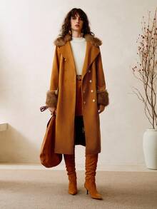 EMERY ROSE 奢华派对优雅法式通勤仿兔毛粗花呢拼布翻领系带长款女式大衣 - 棕色 - 查看 2