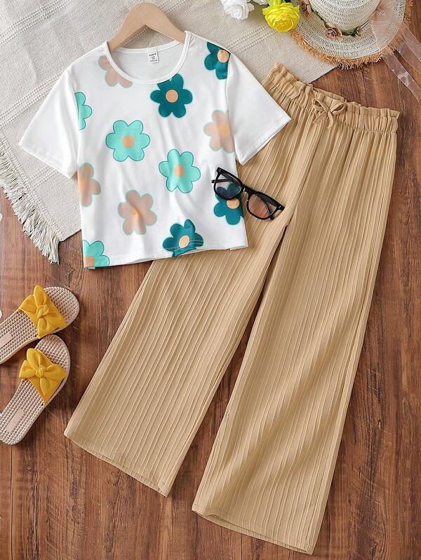 女童度假休闲碎花宽松T恤+梭织纹理宽松裤套装