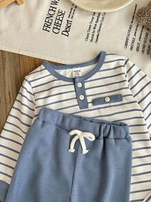 SHEIN 2 件套男婴幼儿新生儿 0-3 岁春夏休闲日常穿着条纹华夫格针织长袖连体衣 + 裤子套装 - 藍色 - 查看 3