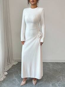 Selianne 25-30+ Days Casual Autumn/Winter Ribbed Knit Drawstring Dress For Women - Apricot - View 5