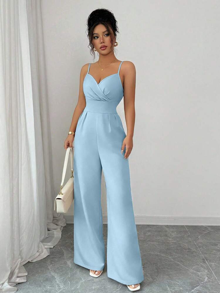 Women's Elegant Solid Color Pleated Wide Leg Jumpsuit With Adjustable Waist - Blue - View 5