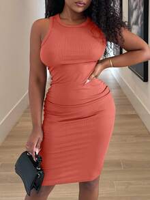 Alexandranx 女性時尚竖条纹纯色修身无袖连衣裙 - 紅木色 - 查看 2