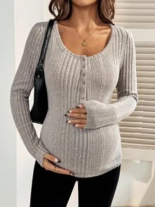 Áo dệt kim cài nút vừa vặn cho bà bầu - Màu Khaki - Xem 4