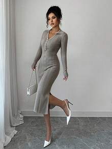 Modelyn 女式纯色长袖纽扣半开襟修身优雅针织连衣裙，秋季 - 灰色 - 查看 7