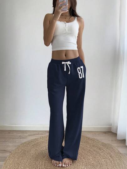 Sunnyshic Grey 87 Embroidered Low Waist Waistband Contrast Ribbed Drawstring Tie Slant Pockets Straight Leg Loose Sweatpants, Casual Homewear, Daily Wear, Retro Sports, Minimalist Design, For Women, Spring/Summer
