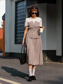 Hanevo 2pcs/Set Teen Girl Office Style White Patchwork Apricot Short Sleeve Pleated Maxi Dress, Spring/Summer - Khaki - View 6