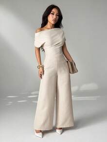 SHEIN PETITE Women's Summer New Arrival Simple Elegant Daily Casual Linen Commuter Wide Collar Off Shoulder Blouse And Wide Leg Pants Suit - Apricot - View 6