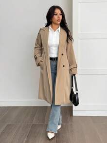SHEIN PETITE 女式卡其色休闲磨边装饰学院风风衣 - 卡其色 - 查看 9