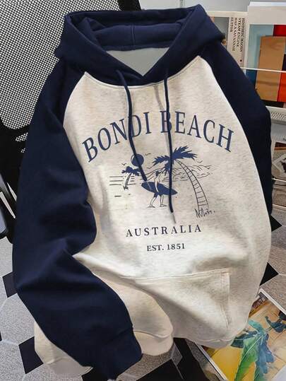 SHEIN هودي كاجوال بأكمام راجلان ملون مع طباعة حرفية، موسم الخريف